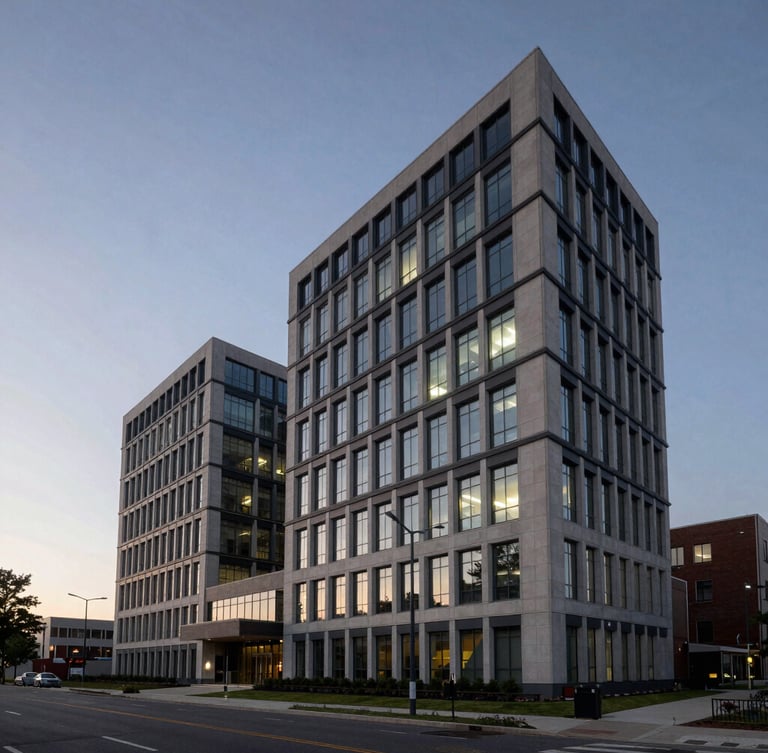 Wide-angle architectural shot of a secure corporate headquarters at dusk, dramatic lighting, clean lines, negative space on the left.