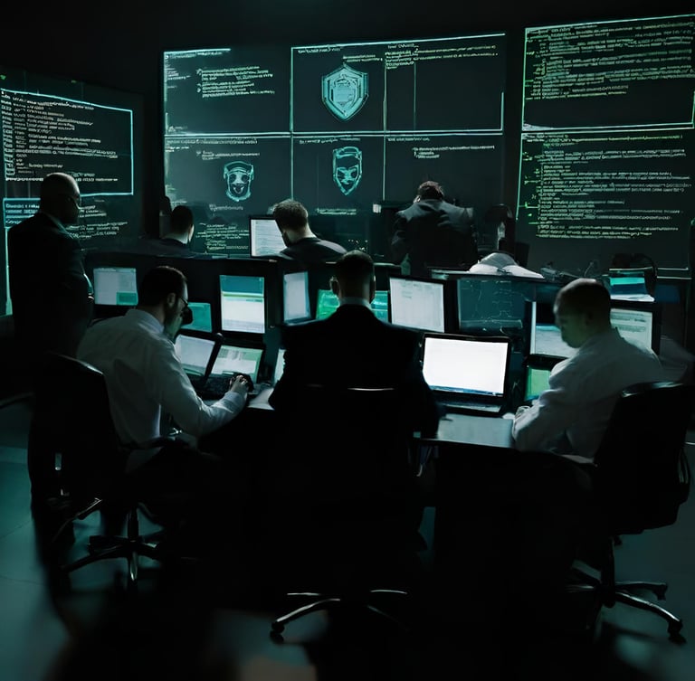 a group of people sitting at desks in a room