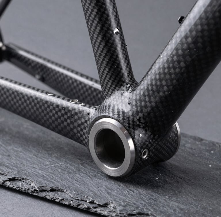 Macro detail shot of a carbon fiber bicycle frame joint, cool studio lighting, high contrast slate tones, razor sharp focus