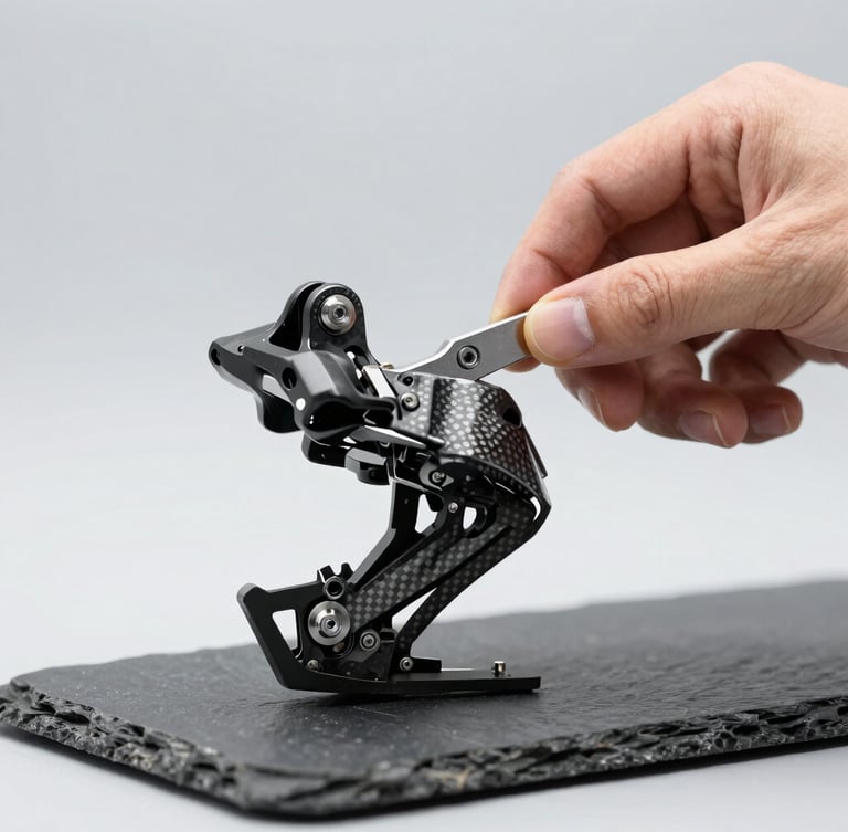 Macro shot of a mechanic's hands adjusting a high-end carbon derailleur, clean minimalist workshop, cool studio lighting