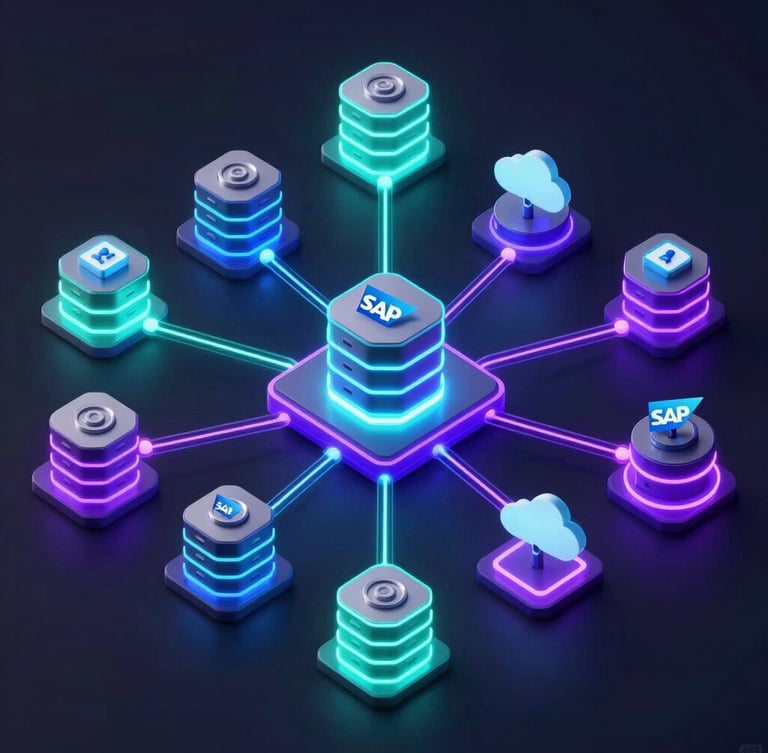 Isometric 3D vector node diagram of a complex workflow architecture, glowing neon cyan and electric violet data paths connecting SAP databases and cloud APIs, emissive lighting on dark background.