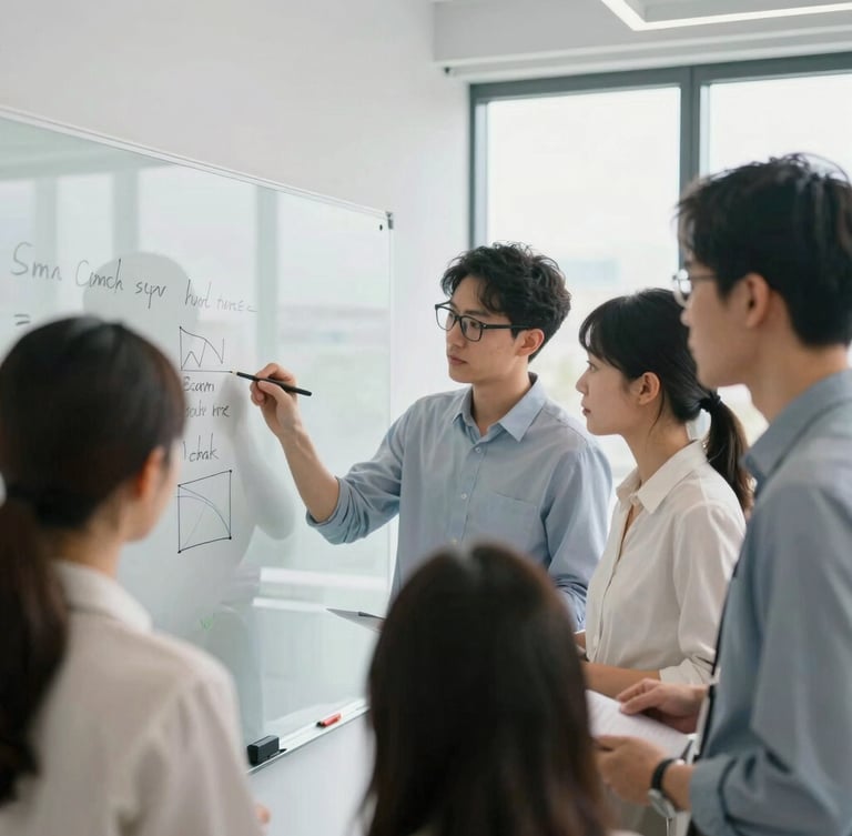 Over-the-shoulder workshop perspective, active professional collaboration in a bright natural office daylight, team members analyzing a whiteboard with focus, modern corporate environment, 35mm