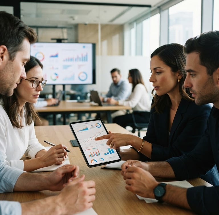 Consultor e equipe em reunião de trabalho, analisando dados em um tablet, com gráficos em segundo plano. Ambiente de escritório moderno, luz natural, foco na colaboração e análise estratégica. Foco em mãos e tela, com rostos de perfil. modern editorial corporate photography, bright natural office daylight, clean professional tones, shallow depth of field, 35mm