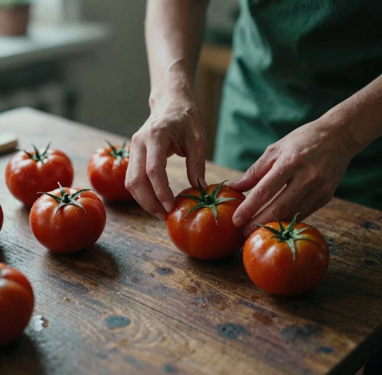 Behind-the-scenes documentary shot of a photographer styling fresh organic tomatoes on a rustic table, soft natural side-light, cinematic matte finish.