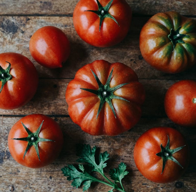 Overhead flat lay of freshly harvested organic heirloom tomatoes and green herbs on a rustic wooden table, soft natural side-light, moody shadows, 35mm film style