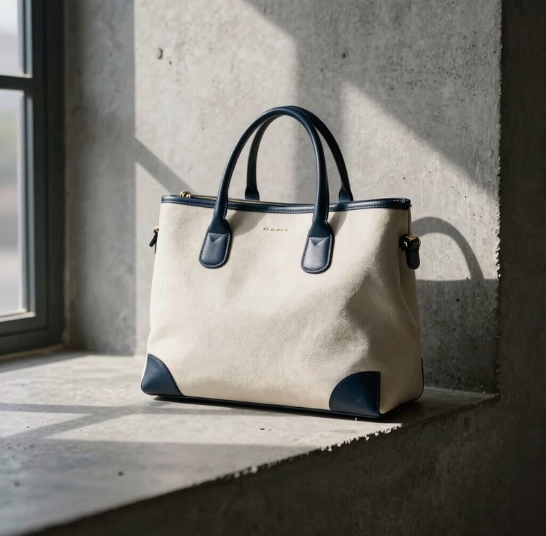 A structured leather and canvas bag resting on textured architectural concrete, soft dramatic window light, casting long shadows, 35mm editorial fashion photography