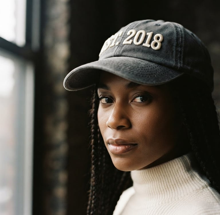 A close-up portrait of an urban model in soft shadow wearing a structured charcoal dad hat with dense, high-relief embroidery, soft dramatic window light, 35mm