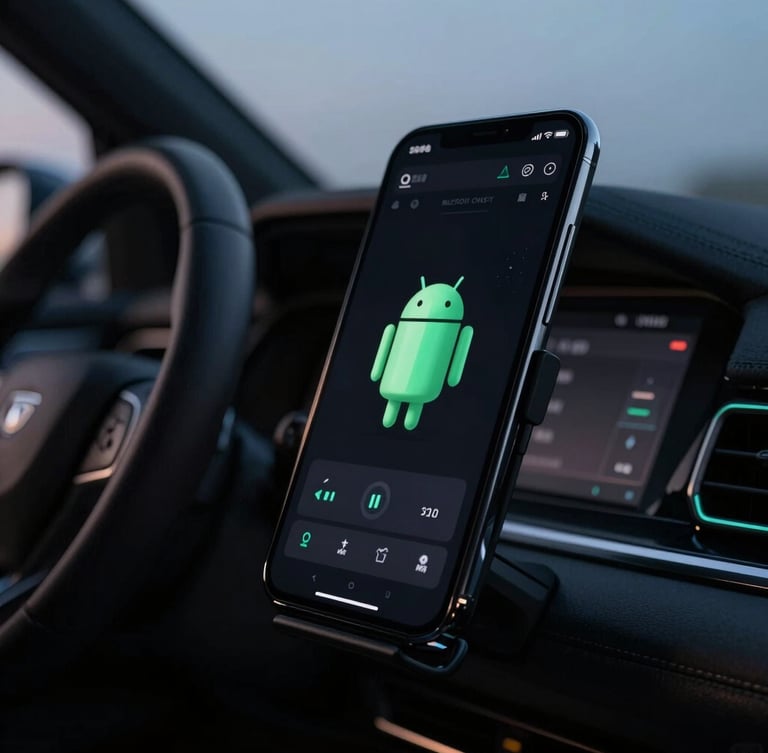 Tight macro shot of an Android device mounted on a dark car dashboard at twilight, showcasing a high-contrast dark UI screen with mint-green accents, soft steering wheel glow in the background.