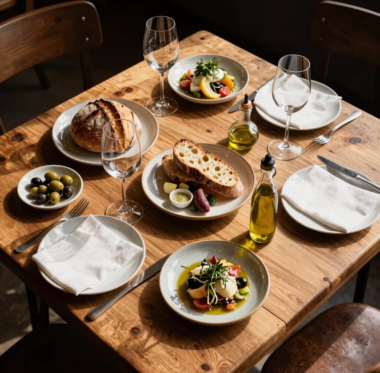 Overhead shot of a rustic wooden restaurant table filled with small plates, sourdough bread, olive oil, and wine glasses, warm afternoon sun casting long shadows