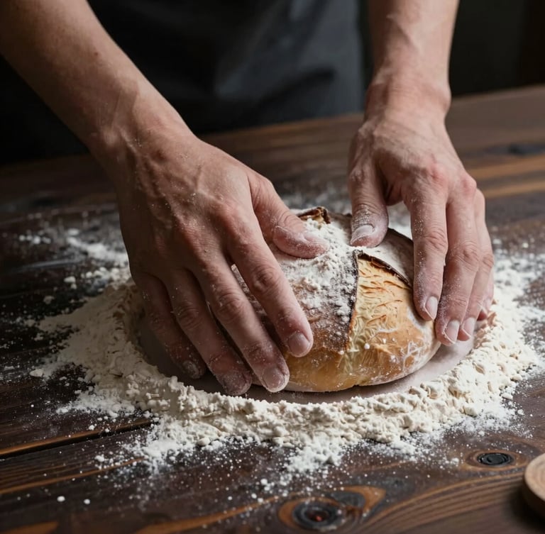 Macro close-up of hands dusting flour over freshly rolled sourdough on a dark wooden table, soft dramatic side light, deep shadows, moody Scandinavian aesthetic.