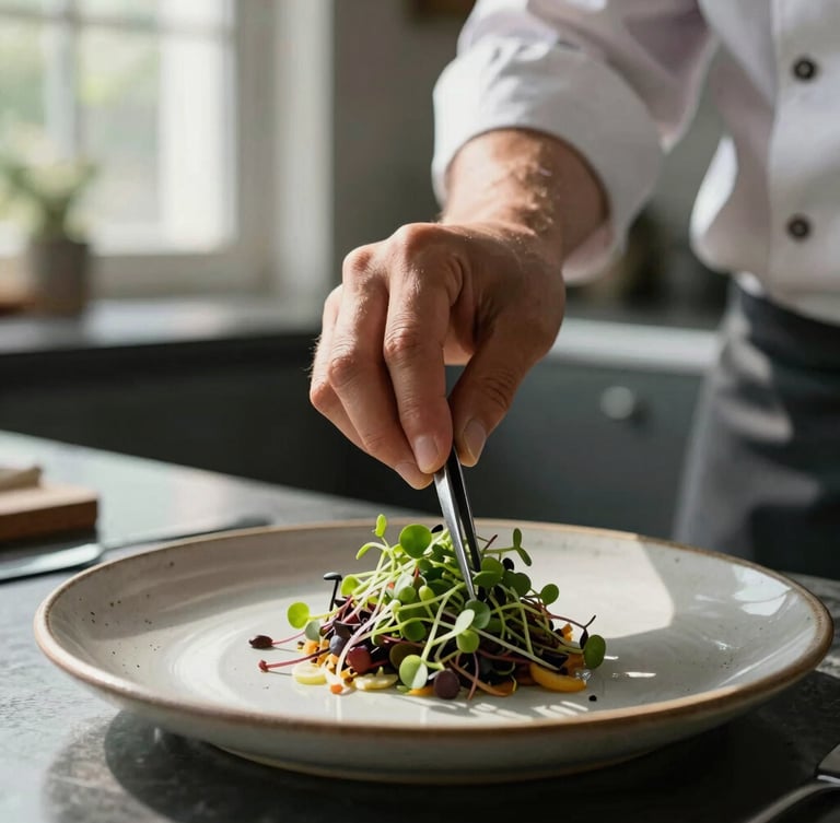 Close-up portrait of a chef carefully placing microgreens onto a finished plate with tweezers, soft natural light from a kitchen window, deep shadows, rustic ceramic plate