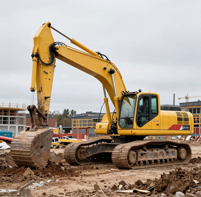 An active groundwork site in Stockholm with a yellow excavator preparing the soil, natural overcast daylight, professional environment