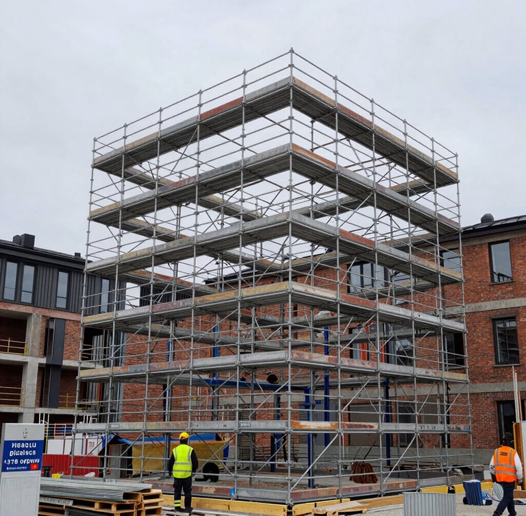 Wide environmental shot of a heavy steel scaffolding structure erected against a modern brick building under overcast Stockholm morning light, workers in high-visibility safety gear visible at the base.