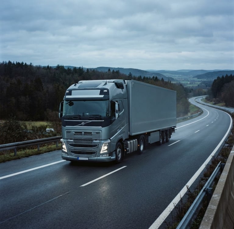 Crisp industrial photography of a clean commercial transport truck on a regional highway under overcast morning light, cool slate tones, 35mm