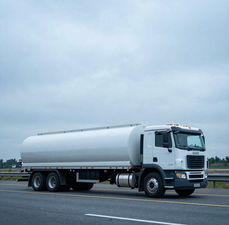 Wide environmental shot of a clean flatbed hotshot truck on a highway under an overcast sky, cool blue tones, sharp focus