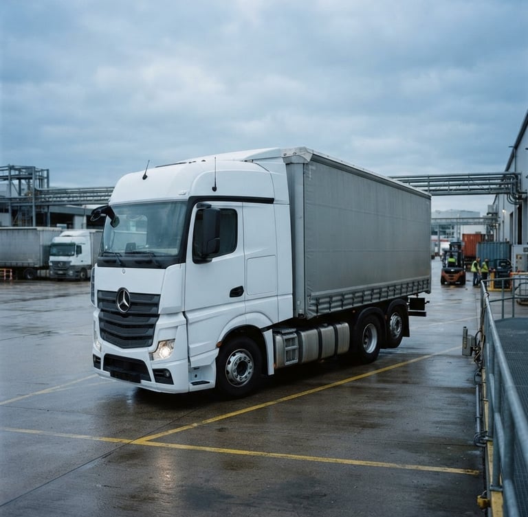 Crisp industrial photography of a clean branded transport vehicle, early morning overcast daylight, cool slate tones, sharp focus, 35mm