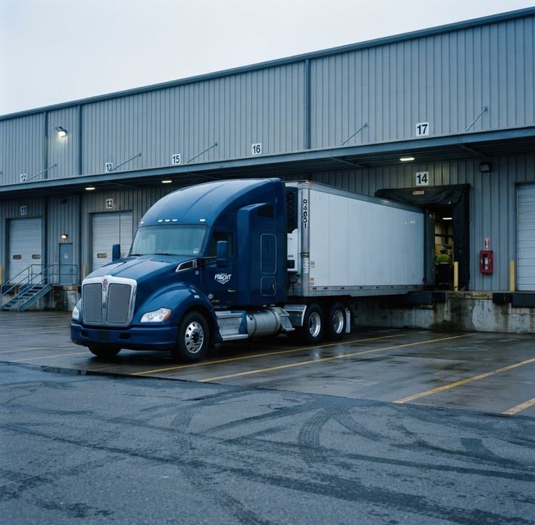 Crisp industrial photography of a clean transport truck staged at an overcast early morning loading dock, cool blue and slate tones, sharp focus, 35mm