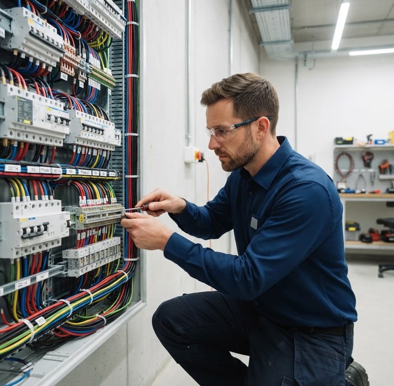 Professional electrician in a clean, branded uniform meticulously working on an organized electrical panel, bright work lighting, sharp focus, technical details, 35mm