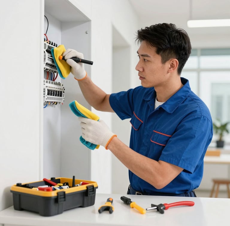 Professional electrician in a clean, branded uniform meticulously wiping down a work area after an electrical repair, modern tools neatly organized, bright work lighting, zero-trace cleanup, 35mm