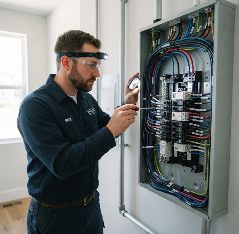 Professional electrician in clean, branded uniform inspecting a modern electrical panel with crisp, organized wiring, bright work lighting, sharp focus on technical details, zero-trace cleanup, 35mm