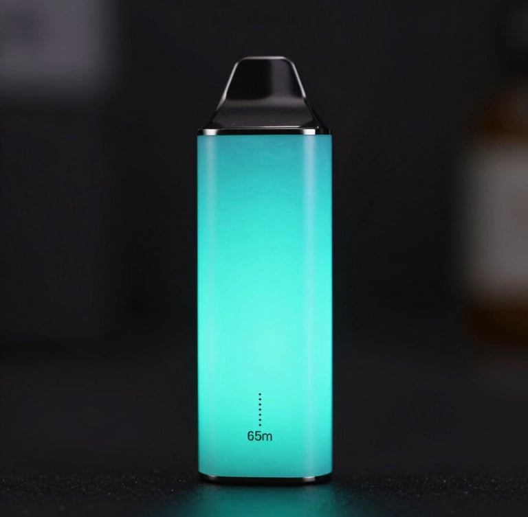 Sharp macro shot of sleek modern vape hardware with vibrant neon-cyan LED backlighting, dark atmospheric background, 35mm