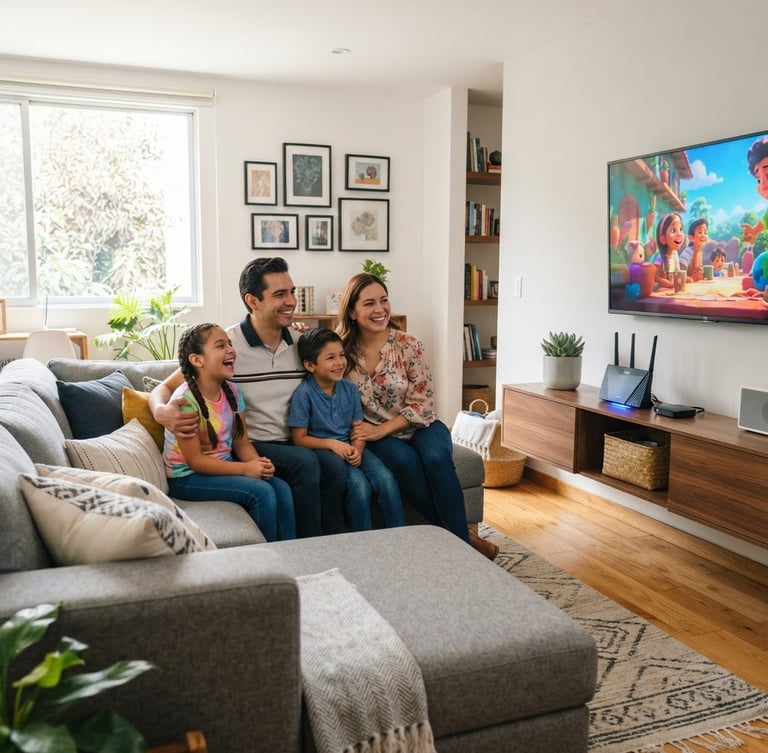 Bright modern photography of a happy Mexican family streaming a movie in their living room, natural daylight, cool tech accents, showing a router with a glowing status light in the background, 35mm lens, wide shot.