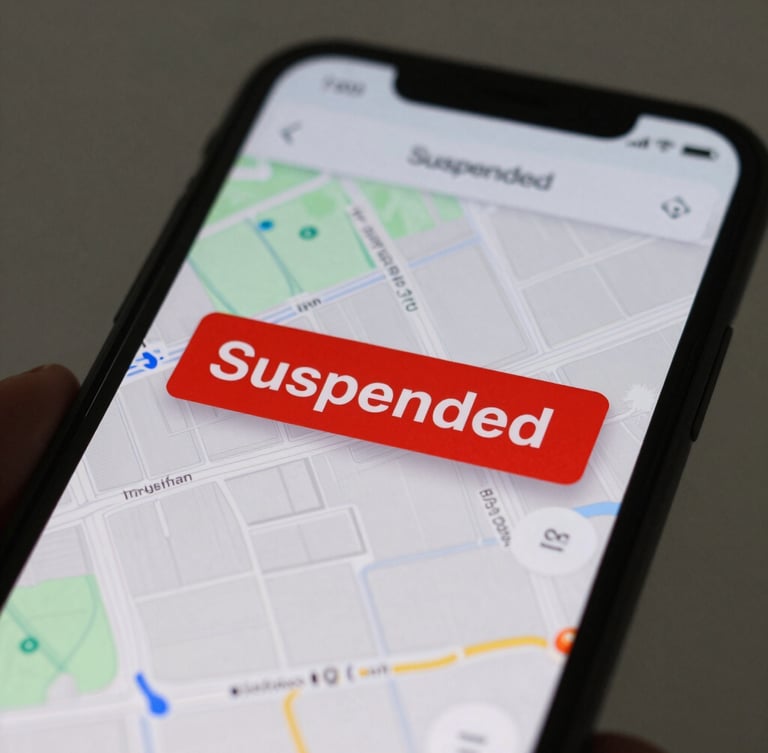 Tight macro shot of a mobile screen displaying a map interface with a red 'Suspended' status flag, naturally lit, desaturated background.