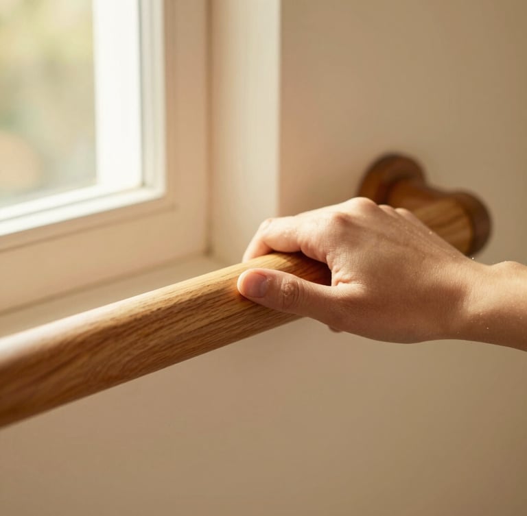 Close-up detail of a hand gently holding a beautifully designed wooden grab bar installed on a warm cream wall, soft natural window light, shallow depth of field
