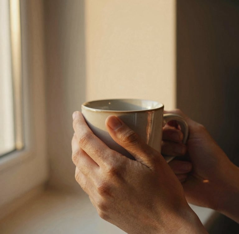 Intimate close-up of warm hands holding a ceramic mug near a window with soft golden-hour light, shallow depth of field, 35mm film style
