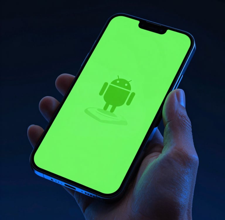 Sleek portrait mockup of a bezel-less Android phone displaying a vibrant neon-green game interface, held by a hand, high-contrast dark studio lighting, electric blue reflection on glass, macro shot