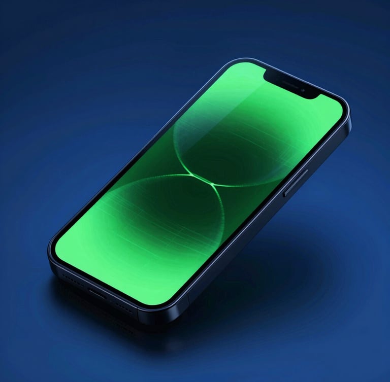 Angled isometric device mockup in a dark studio, vibrant neon green emissive glow reflecting off the glass touchscreen, high contrast cybernetic blue background