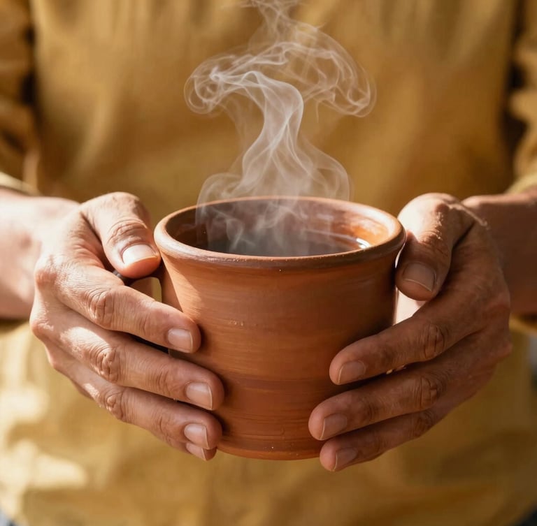 Close-up of a rustic terracotta mug held by two hands, steam rising from freshly poured tea, warm side-lighting highlighting the thumb-marks of the clay, 35mm.