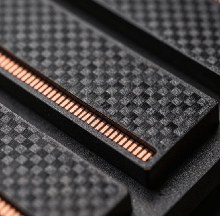 Technical macro shot of the Coredii cushion core, showing copper sensor traces integrated into dark slate carbon weave, high-contrast studio lighting, architectural framing.
