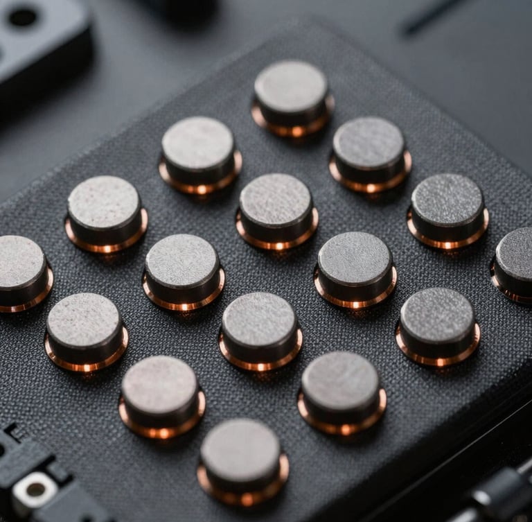 Macro shot of physical sensor nodes embedded in premium dark gray technical textiles, sharp copper backlighting, high contrast, studio lighting.