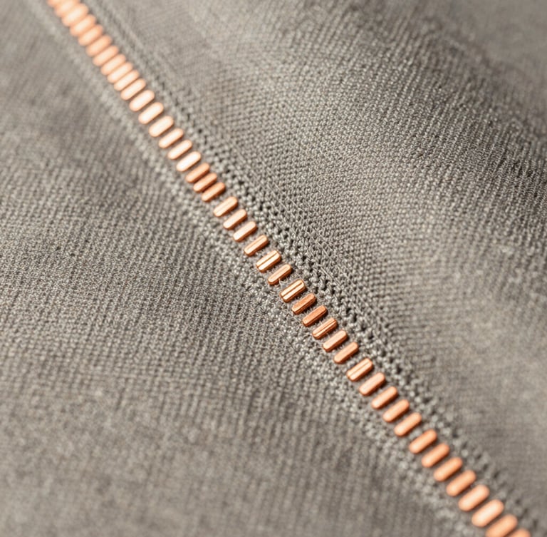 Macro studio photograph of premium technical textiles integrated with copper sensor nodes, high contrast lighting, focused on structural seams.