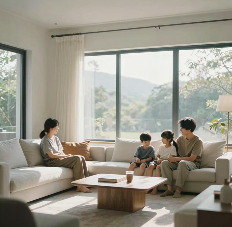 A warm modern minimalist living room with large windows, soft sunlight streaming in, a family relaxing in a perfectly heated comfortable indoor environment, 35mm photography