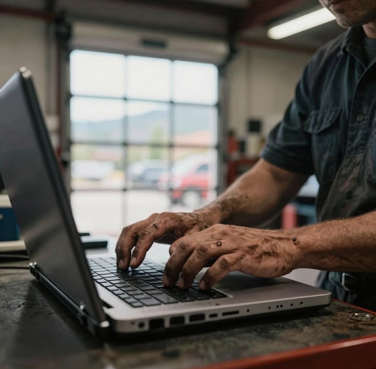 Close-up of a mechanic's grease-stained hands typing on a rugged laptop inside a Colorado auto repair shop, dim daylight filtering through bay doors.