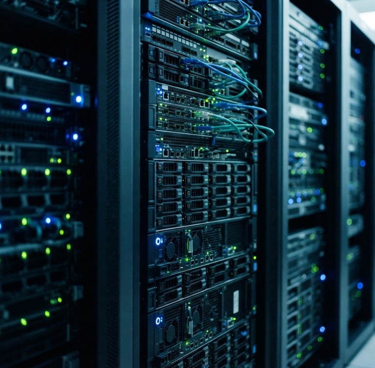 Close-up of clean server rack with glowing blue and emerald green LED indicators, cool studio lighting, 35mm