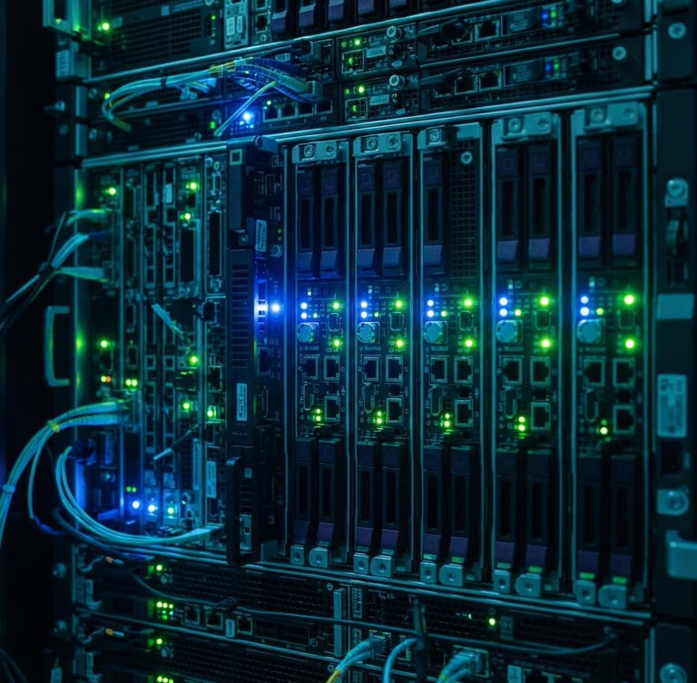 Macro close-up of server mainframe blue glowing indicators, high tech banking infrastructure, cool studio lighting, deep blue and emerald green accents, sharp details, 35mm