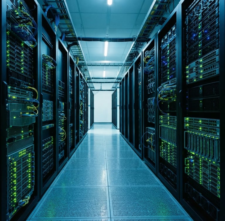 Cool-toned modern server room with glowing green and blue LED indicators, clean architectural server racks, high contrast, 35mm photography
