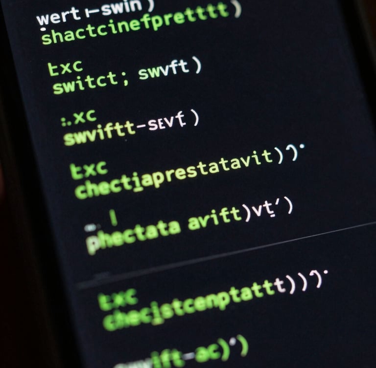 Macro close-up of a mobile screen displaying raw Swift code, sharp neon green terminal glows, dark-mode styling