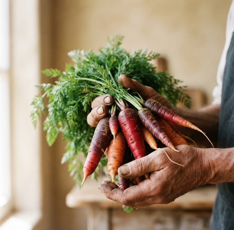 Portrait framing of weathered hands gently holding a bunch of freshly harvested heirloom carrots with green tops, soft morning light, warm beige background, 35mm photography