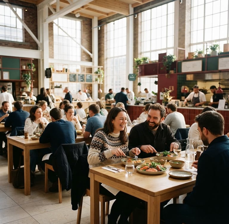 A vibrant modern food hall with natural light streaming through high windows, people enjoying artisanal plates at wooden tables, Scandinavian aesthetic, 35mm photography
