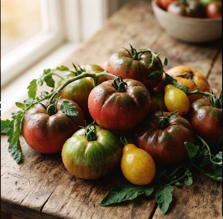 A close-up of fresh organic heirloom tomatoes on a rustic wooden table with soft morning window light, clean Scandinavian minimalist composition, 35mm