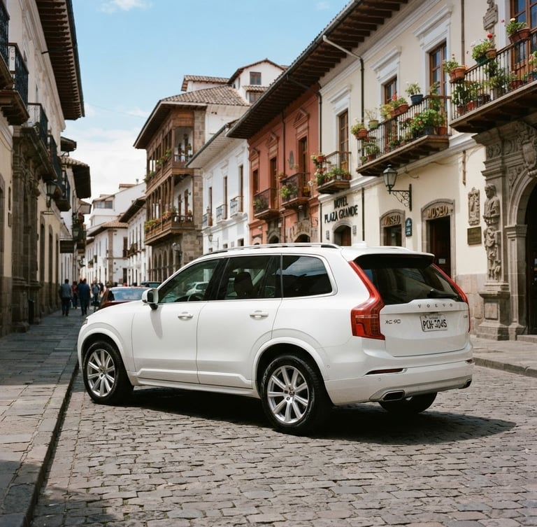 A premium clean white SUV parked on a cobblestone street in Quito's historic center, colonial architecture in the background under bright natural daylight, 35mm photography