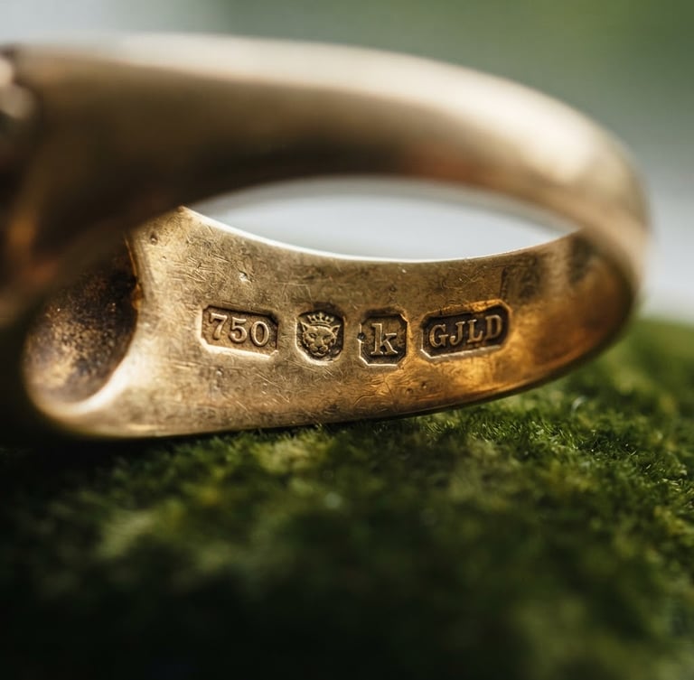 Macro close-up of vintage gold jewelry hallmarks, showing intricate stamps on a gold ring under soft natural window light with a shallow depth of field.