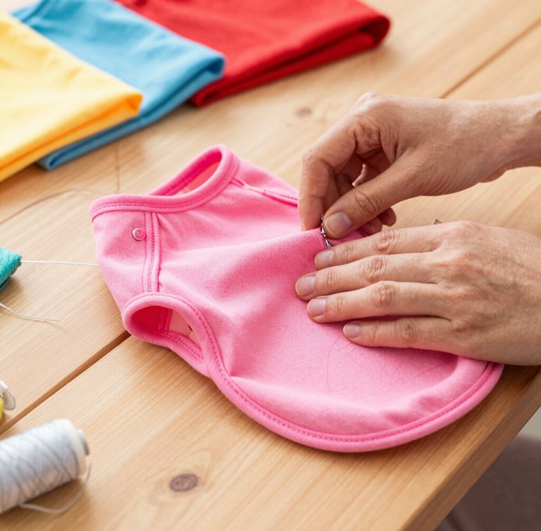 A cozy close-up of hands sewing a vibrant pink pet garment on a wooden table, soft warm daylight, colorful fabrics scattered around