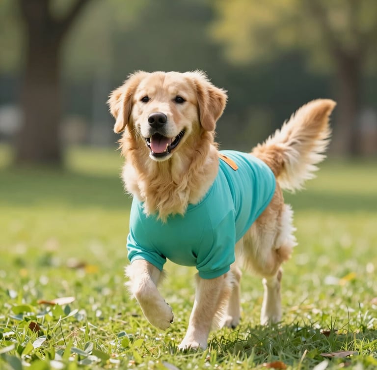 A happy golden retriever wearing a colorful teal lightweight dog shirt, running in a sunlit park, bright natural lighting, eye-level medium shot