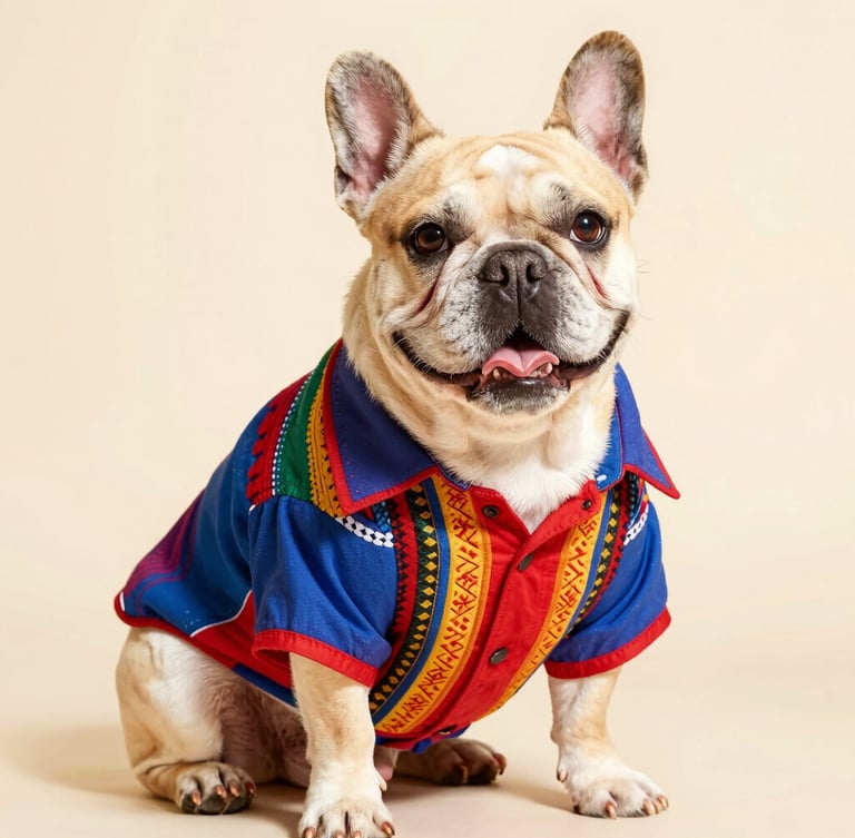 Bright studio portrait of a happy French Bulldog wearing a custom colorful Mexican style shirt, sitting comfortably, eye-level, warm daylight
