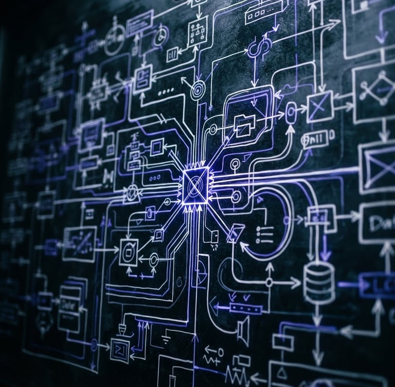 Macro shot of a complex system architecture diagram drawn in sharp white and electric-indigo ink on a dark glass board, low-key dramatic lighting, high contrast, 35mm
